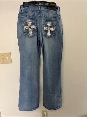 Sky Women's Boot Cut Jeans with Embellished Cross Pockets - Light Blue